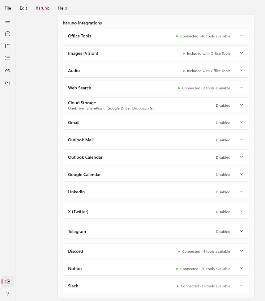 Haruno Integrations settings screen